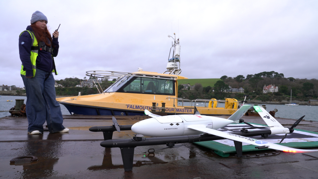 Skyports drone succesfully landed on barge in Falmouth Harbour